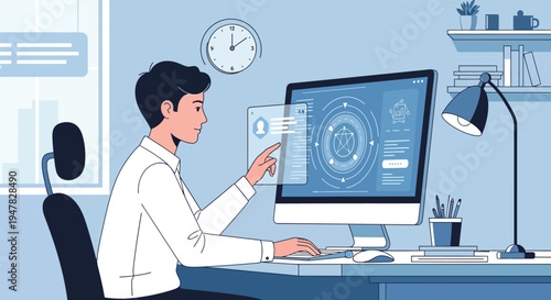 Digital Workspace: A modern professional, immersed in a futuristic digital workspace, interacts with a sleek computer interface, exploring data and information in a cutting-edge environment.