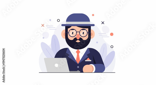 Stylish bearded man in hat and glasses with laptop at desk