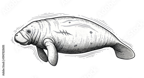 Manatee Illustration Black and White Sketch Hand Drawn
