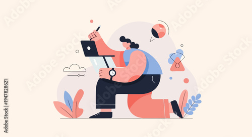 Person with laptop and stylus, kneeing, with abstract shapes