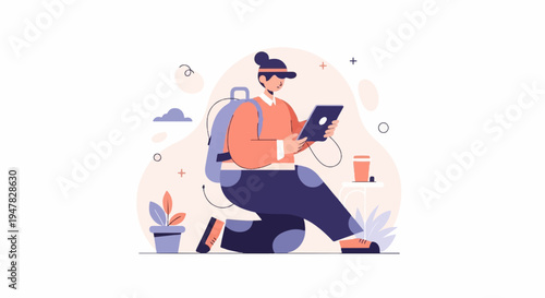 Person with backpack using tablet, drink nearby, potted plant