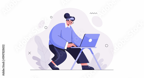 Person with glasses types on a laptop computer on a stand