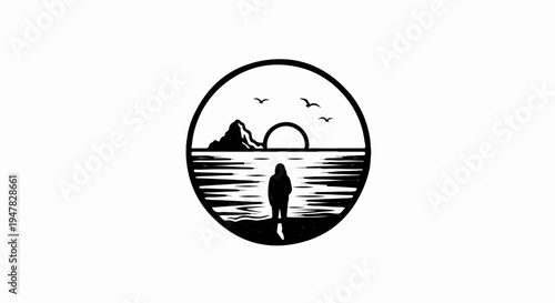 Silhouette of a solitary figure on a shore watches a sunset over the sea