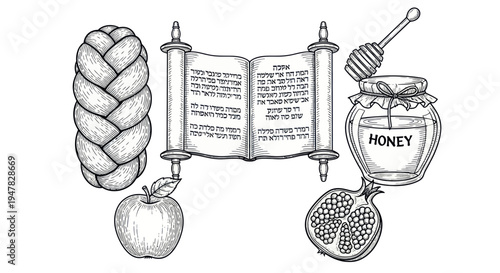 Jewish Rosh Hashanah Symbols: Torah, Challah, Apple, Pomegranate, Honey Jar
