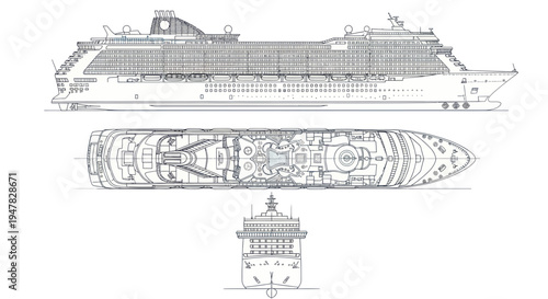 Cruise Ship Blueprint: Profile, Top View, and Front Elevation Schematics