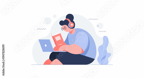 Person with headphones, glasses, reading book, using laptop, seated