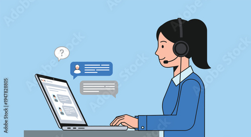 Virtual Assistance and Support: A focused individual provides customer service, engaging in virtual assistance through a laptop. With headset on, she navigates online chat dialogues