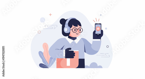 Person with headphones holding a package and phone, surrounded by abstract shapes
