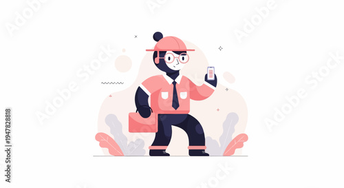 Pixelated panda character in office attire, holding smartphone and briefcase