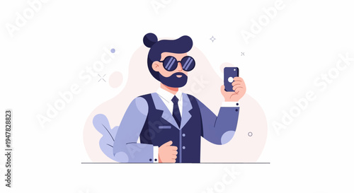 Stylish bearded man in a suit takes a selfie with his phone