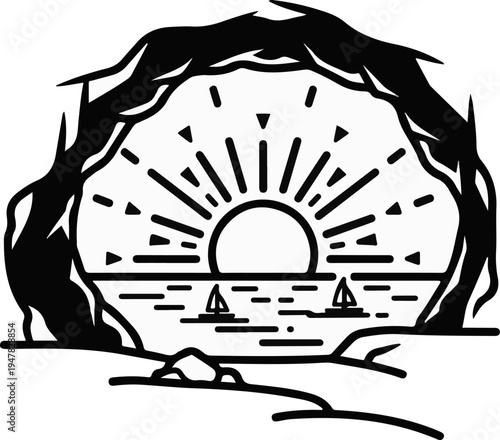 Silhouette of a sunset viewed from a cave entrance over a calm sea with sailboats