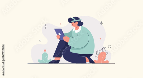 Person sitting on floor using tablet with abstract shapes