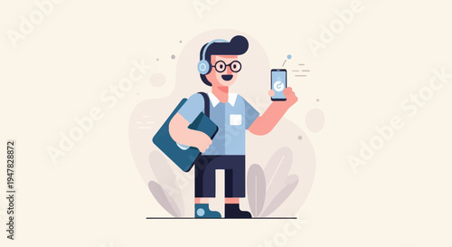 Person with headphones holding phone and bag, surrounded by abstract shapes