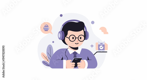 Person with headphones, holding phone, receiving a positive notification