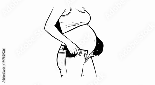 Pregnant woman in tank top unbuttoning her jeans, showing enlarged abdomen