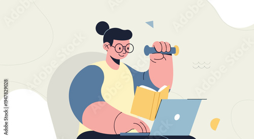 Person with book and laptop, holding a stylus