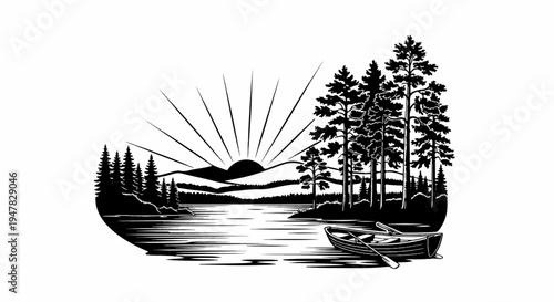 Silhouette of a serene lake scene with a sunrise over mountains and a rowboat