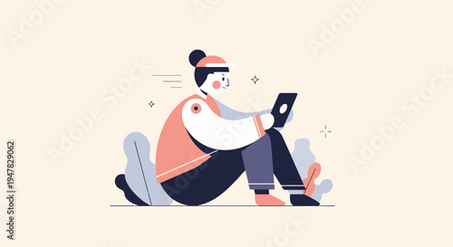 Person sitting outdoors with phone, surrounded by stylized plants