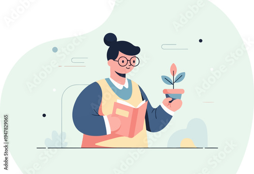 Person with book and plant, symbolizing growth, learning, and new ideas