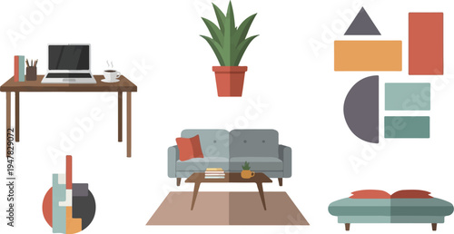 Stylish flat illustrations of modern furniture, office desk, and geometric art