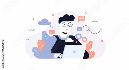Person with glasses using laptop amidst abstract shapes and plants