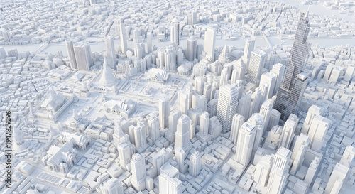 Detailed white 3d model of tokyo city skyline with tokyo tower and dense skyscrapers on gray background