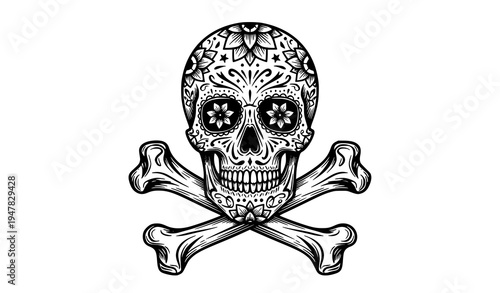 Ornate Dia de los Muertos Sugar Skull with Crossed Bones Line Art Vector