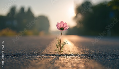 Wallpaper Mural Lone Pink Flower Blooms Resiliently in the Middle of an Asphalt Road at Sunset. Torontodigital.ca
