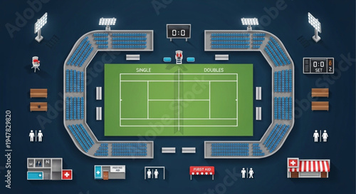 Overhead View of a Tennis Stadium with Seating and Scoreboard.