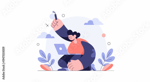 Person with laptop, holding stylus, surrounded by plants and clouds