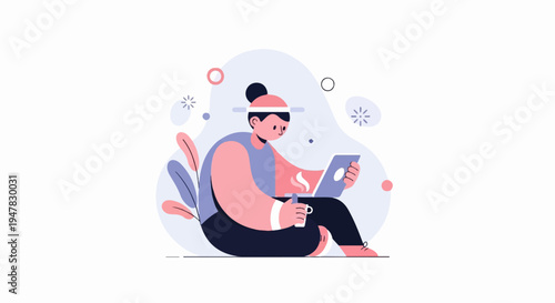 Person sitting with laptop and drink in a stylized flat graphic