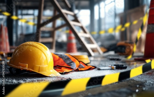 Construction Site Accident Aftermath with Safety Gear and Caution Tape