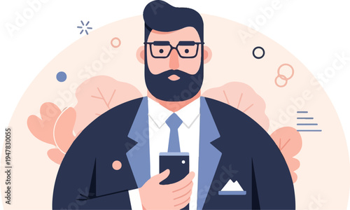 Stylish man in suit and glasses holds smartphone, with abstract plant elements