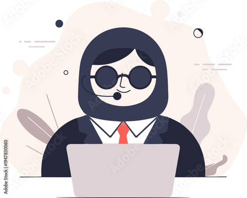 Professional customer service representative wearing a hijab and headset at a laptop