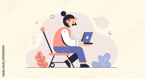 Person with laptop on chair, abstract shapes and plants background