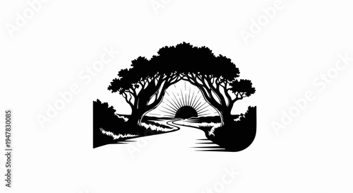 Silhouetted archway of trees frames a bright sun over a winding path