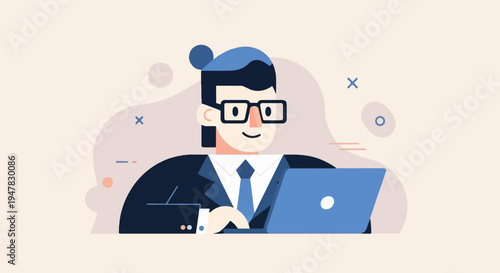 Stylized businessman in suit and tie happily using a laptop computer