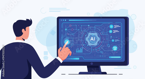 AI Interaction: A professional explores the realm of artificial intelligence, interacting with a futuristic user interface displayed on a sleek monitor.