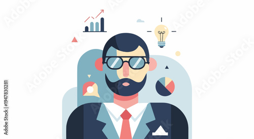 Stylized businessman with glasses and beard, bright idea bulb