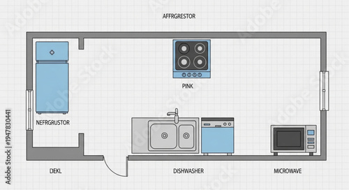 Overhead view of a kitchen layout with appliances and fixtures.