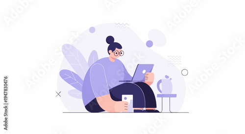 Person with glasses working on laptop, holding phone, near teapot