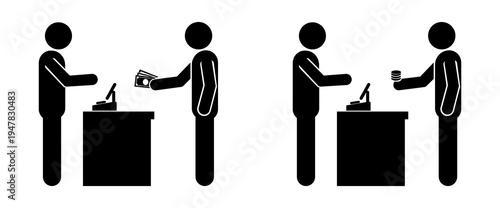 Cash Payment Icon – Customer Paying at Cashier Vector Silhouette.