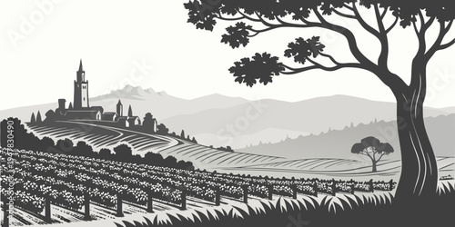 USA, US, U.S, United States - Napa California Skyline – Vineyard Valley Silhouettes Monochrome Travel Poster | USA Wine Country Art & Minimalist Scenic Landscape Design