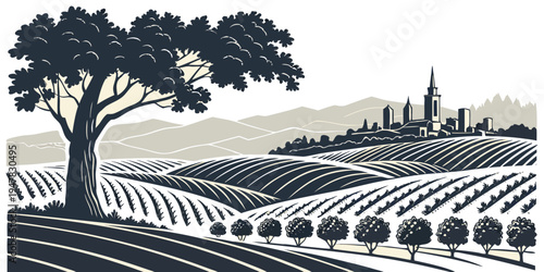 USA, US, U.S, United States - Napa California Skyline – Vineyard Valley Silhouettes Monochrome Travel Poster | USA Wine Country Art & Minimalist Scenic Landscape Design