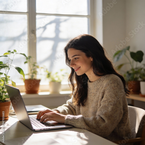 Free Download Smiling young woman with long dark hair working on laptop in sunlit room with plants, cozy natural atmosphere - GFXLoad