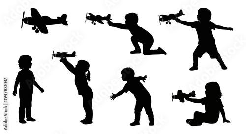 Children Silhouettes Playing With Toy Airplanes, Imagination, Childhood Dreams, Freedom