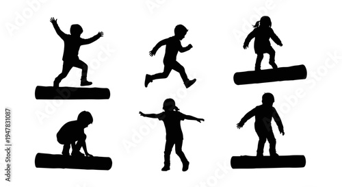Children Silhouettes Playing on Logs: Action, Balance, Fun