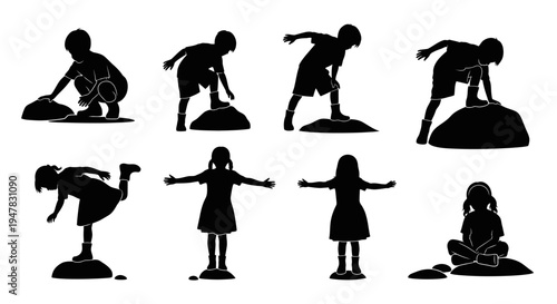 Children Silhouettes Playing Outdoors: Diverse Poses of Kids in Action