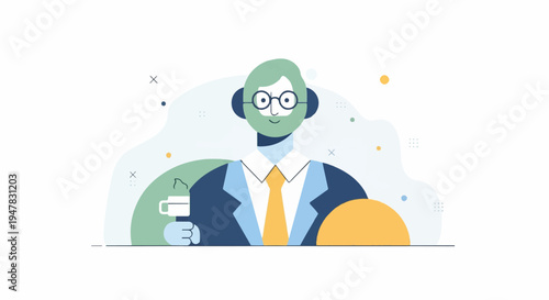 Person with green beard, glasses, and headphones holding coffee cup