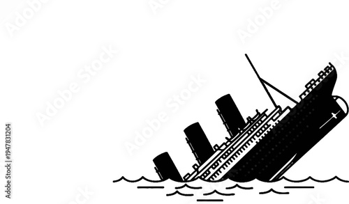 Sinking ship tilted in dark water with white background